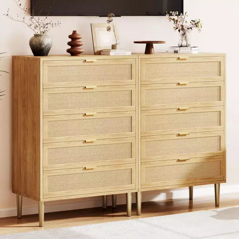 Comò a 5 cassetti in rattan nero/naturale – Stile rustico, Mobili per camera da letto singola