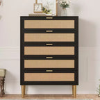 Comò a 5 cassetti in rattan nero/naturale – Stile rustico, Mobili per camera da letto singola