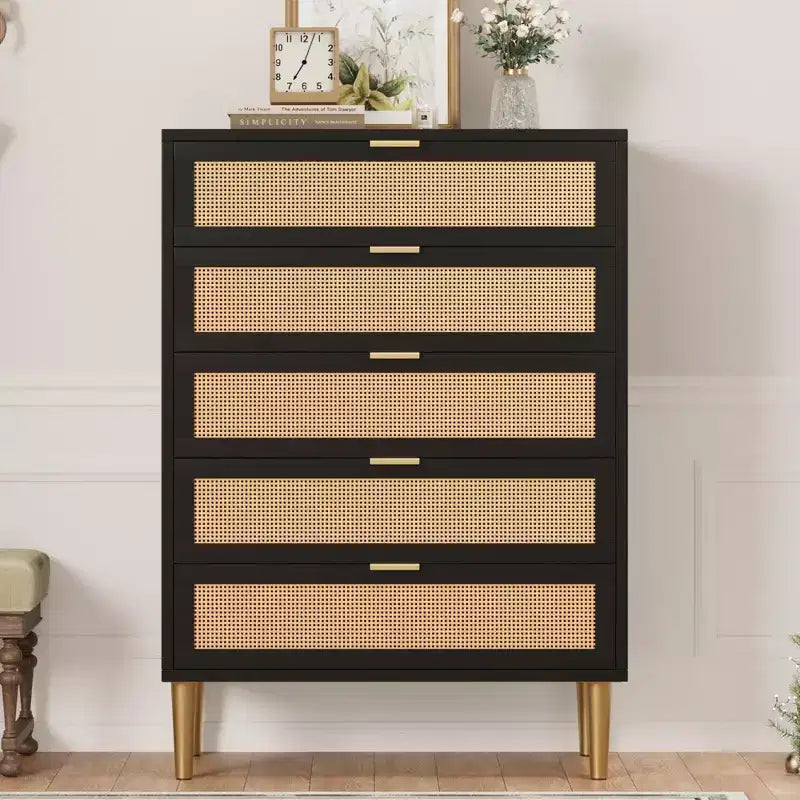 Comò a 5 cassetti in rattan nero/naturale – Stile rustico, Mobili per camera da letto singola
