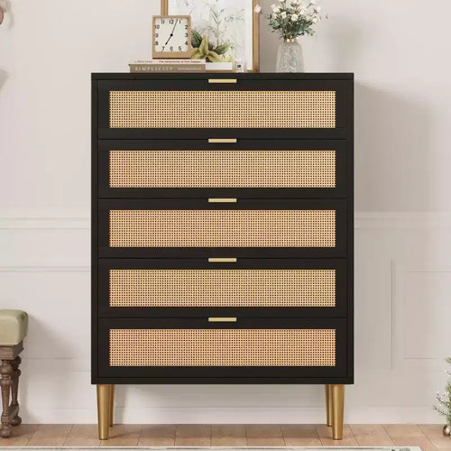 Comò a 5 cassetti in rattan nero/naturale – Stile rustico, Mobili per camera da letto singola