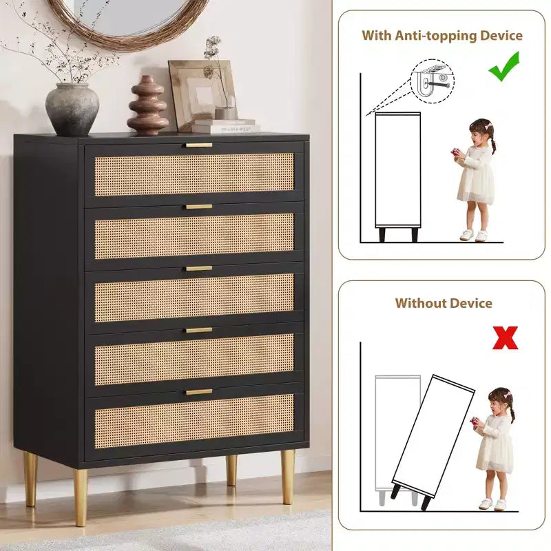Comò a 5 cassetti in rattan nero/naturale – Stile rustico, Mobili per camera da letto singola