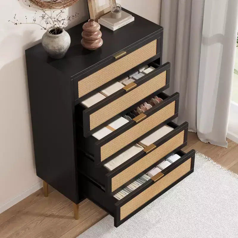 Comò a 5 cassetti in rattan nero/naturale – Stile rustico, Mobili per camera da letto singola