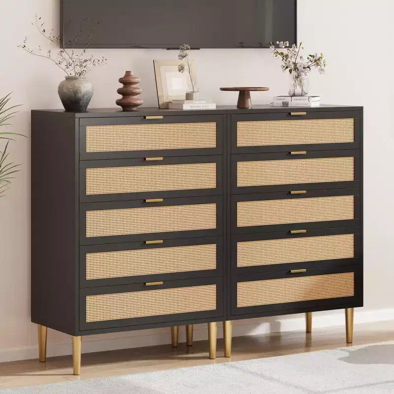 Comò a 5 cassetti in rattan nero/naturale – Stile rustico, Mobili per camera da letto singola