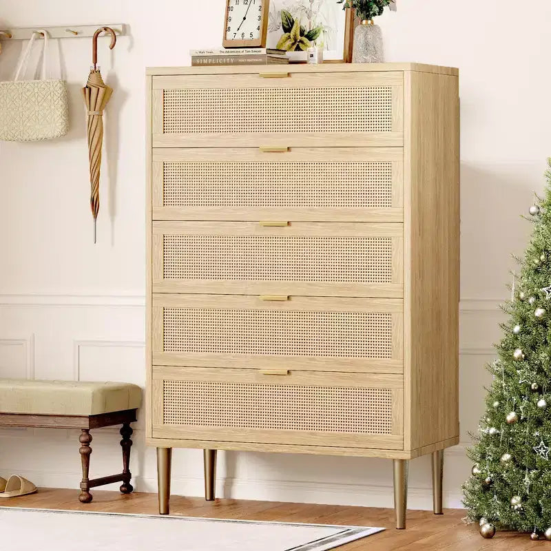 Comò a 5 cassetti in rattan nero/naturale – Stile rustico, Mobili per camera da letto singola