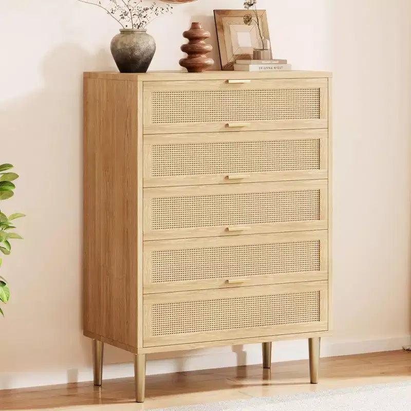 Comò a 5 cassetti in rattan nero/naturale – Stile rustico, Mobili per camera da letto singola