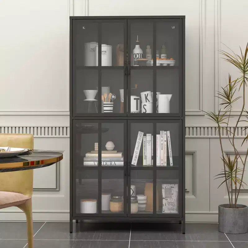 GDFStudio Justus Metal Storage Cabinet with Tempered Glass Doors and Adjustable Shelves