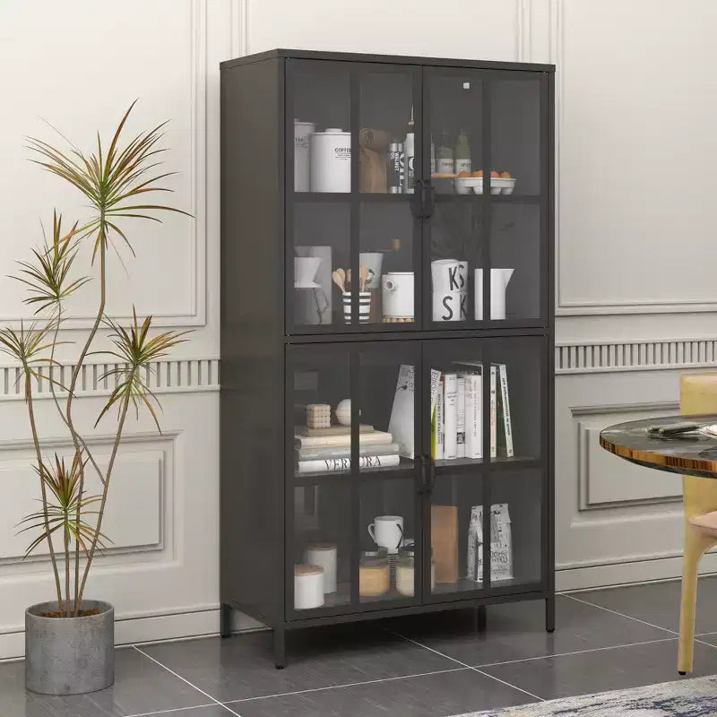Armadio portaoggetti in metallo nero con ante in vetro, stile a 4 ante, 160 cm H – Per adulti