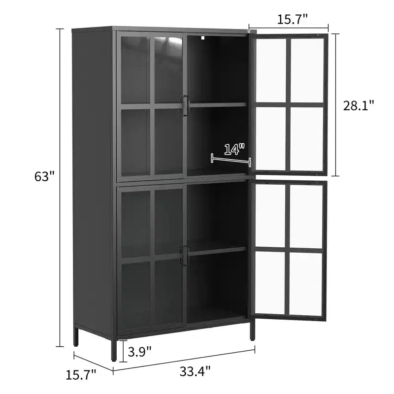 Armadio portaoggetti in metallo nero con ante in vetro, stile a 4 ante, 160 cm H – Per adulti