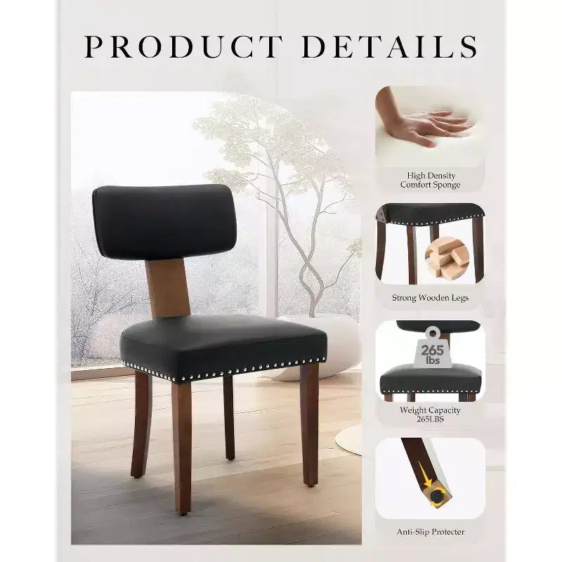 Sedia da pranzo imbottita in stile Mid-Century, schienale alato curvo, struttura in legno massiccio, set da 2 (lino beige / pelle nera / pelle marrone)