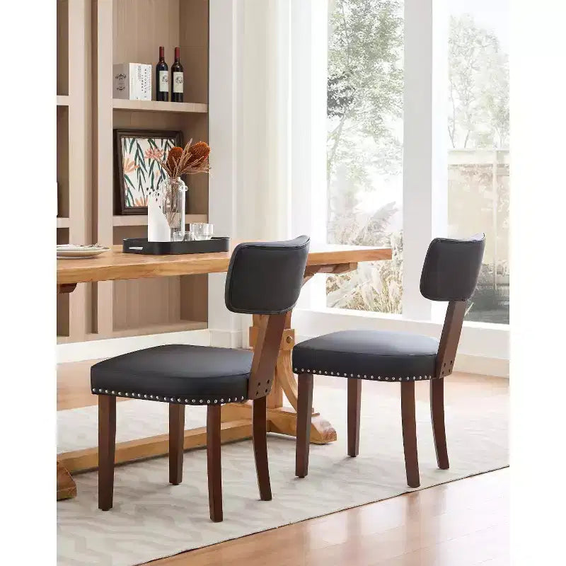 Sedia da pranzo imbottita in stile Mid-Century, schienale alato curvo, struttura in legno massiccio, set da 2 (lino beige / pelle nera / pelle marrone)