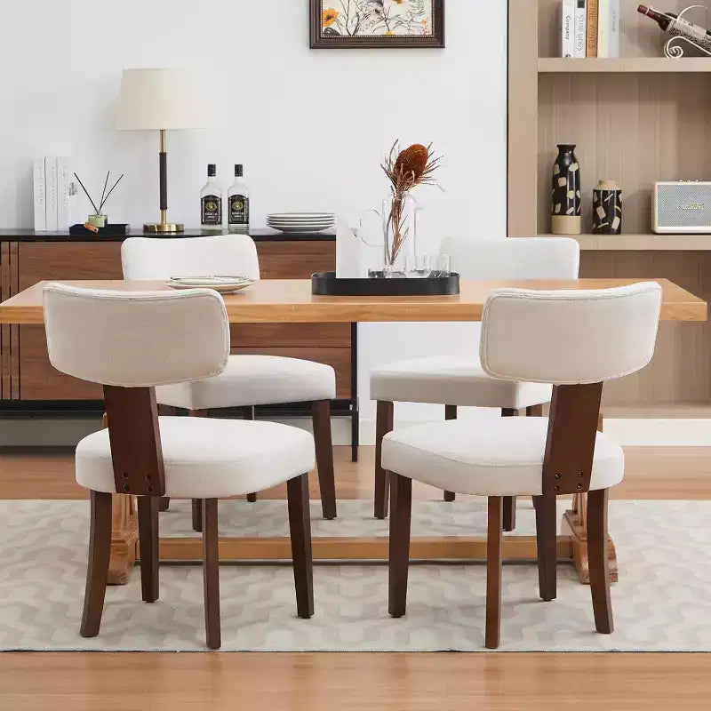Sedia da pranzo imbottita in stile Mid-Century, schienale alato curvo, struttura in legno massiccio, set da 2 (lino beige / pelle nera / pelle marrone)