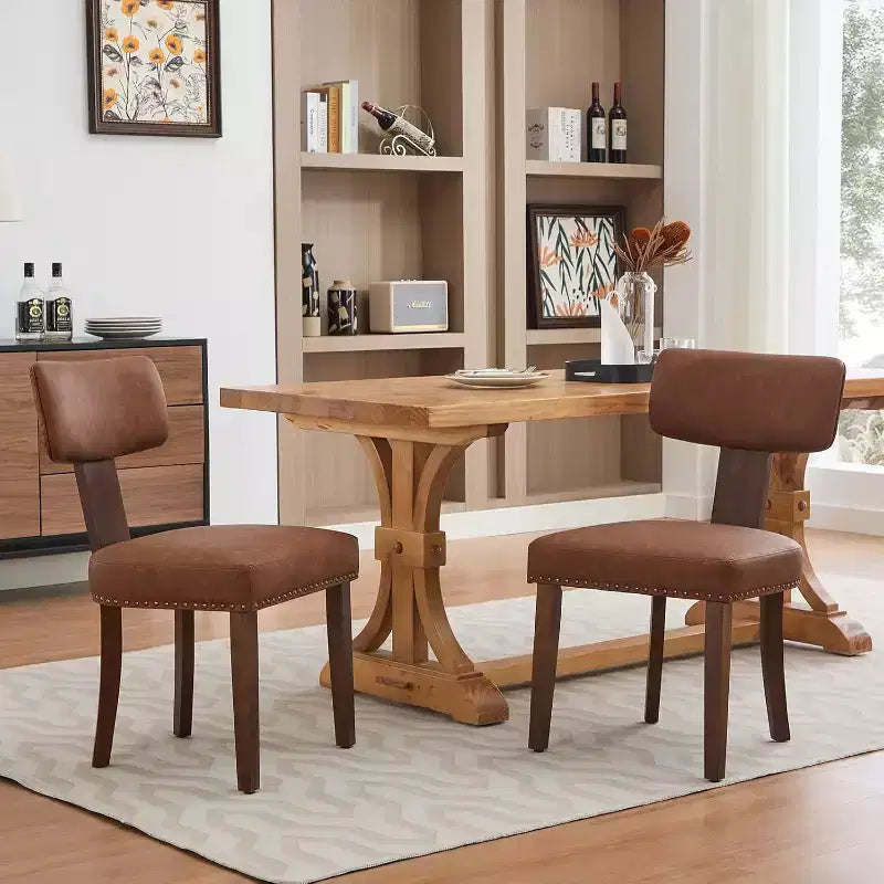 Sedia da pranzo imbottita in stile Mid-Century, schienale alato curvo, struttura in legno massiccio, set da 2 (lino beige / pelle nera / pelle marrone)