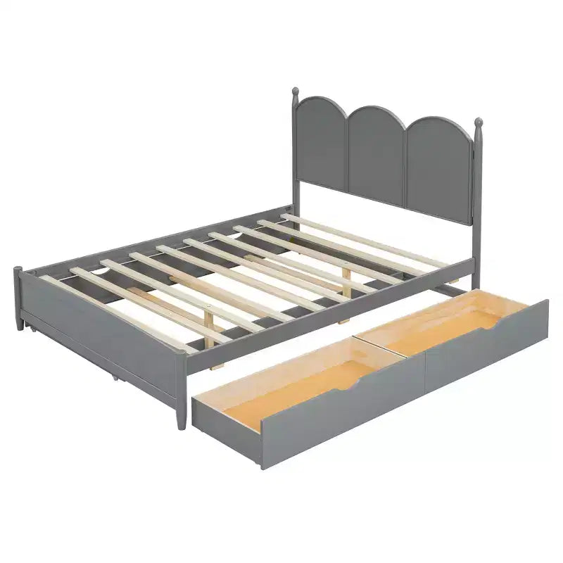 Letto a piattaforma Queen grigio/noce/bianco con letto estraibile Twin XL e 2 cassetti portaoggetti, adatto per 1-2 persone