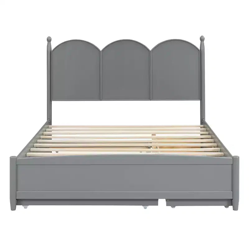 Letto a piattaforma Queen grigio/noce/bianco con letto estraibile Twin XL e 2 cassetti portaoggetti, adatto per 1-2 persone