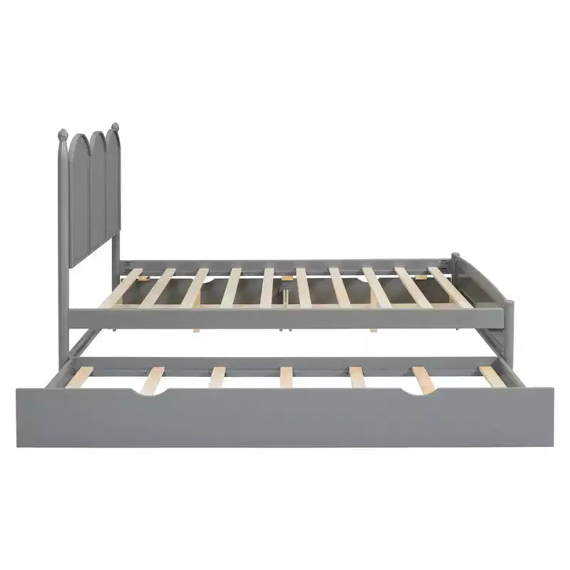 Letto a piattaforma Queen grigio/noce/bianco con letto estraibile Twin XL e 2 cassetti portaoggetti, adatto per 1-2 persone