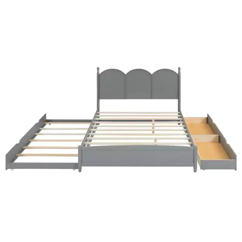 Letto a piattaforma Queen grigio/noce/bianco con letto estraibile Twin XL e 2 cassetti portaoggetti, adatto per 1-2 persone