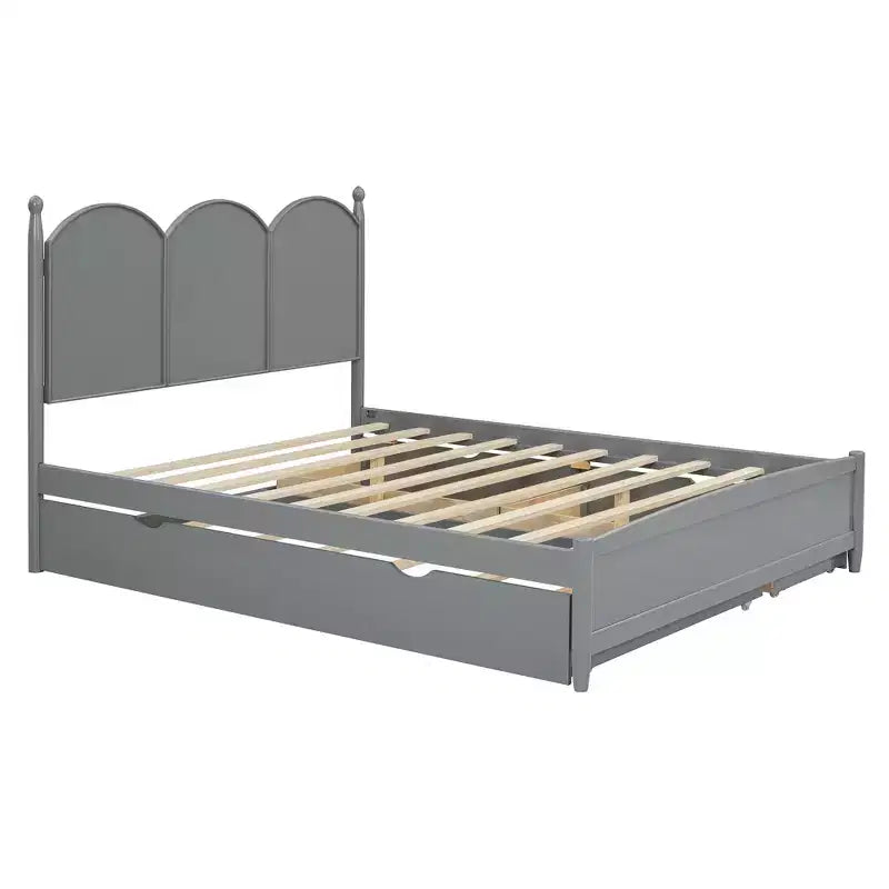 Letto a piattaforma Queen grigio/noce/bianco con letto estraibile Twin XL e 2 cassetti portaoggetti, adatto per 1-2 persone