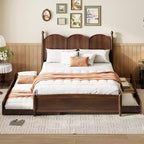 Letto a piattaforma Queen grigio/noce/bianco con letto estraibile Twin XL e 2 cassetti portaoggetti, adatto per 1-2 persone