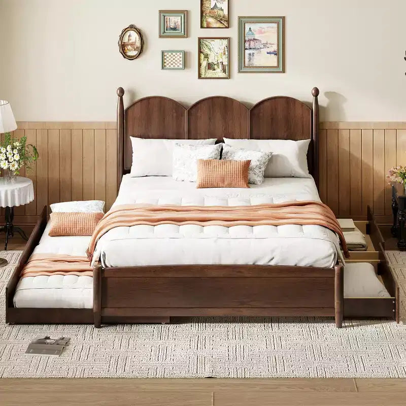 Letto a piattaforma Queen grigio/noce/bianco con letto estraibile Twin XL e 2 cassetti portaoggetti, adatto per 1-2 persone