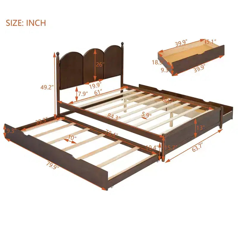 Letto a piattaforma Queen grigio/noce/bianco con letto estraibile Twin XL e 2 cassetti portaoggetti, adatto per 1-2 persone