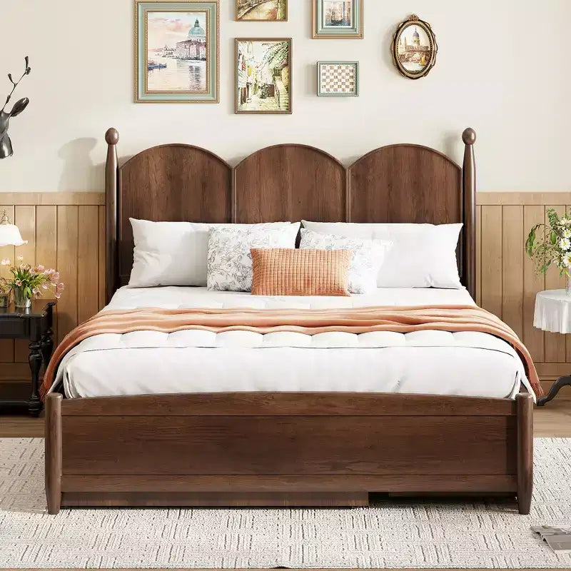 Letto a piattaforma Queen grigio/noce/bianco con letto estraibile Twin XL e 2 cassetti portaoggetti, adatto per 1-2 persone