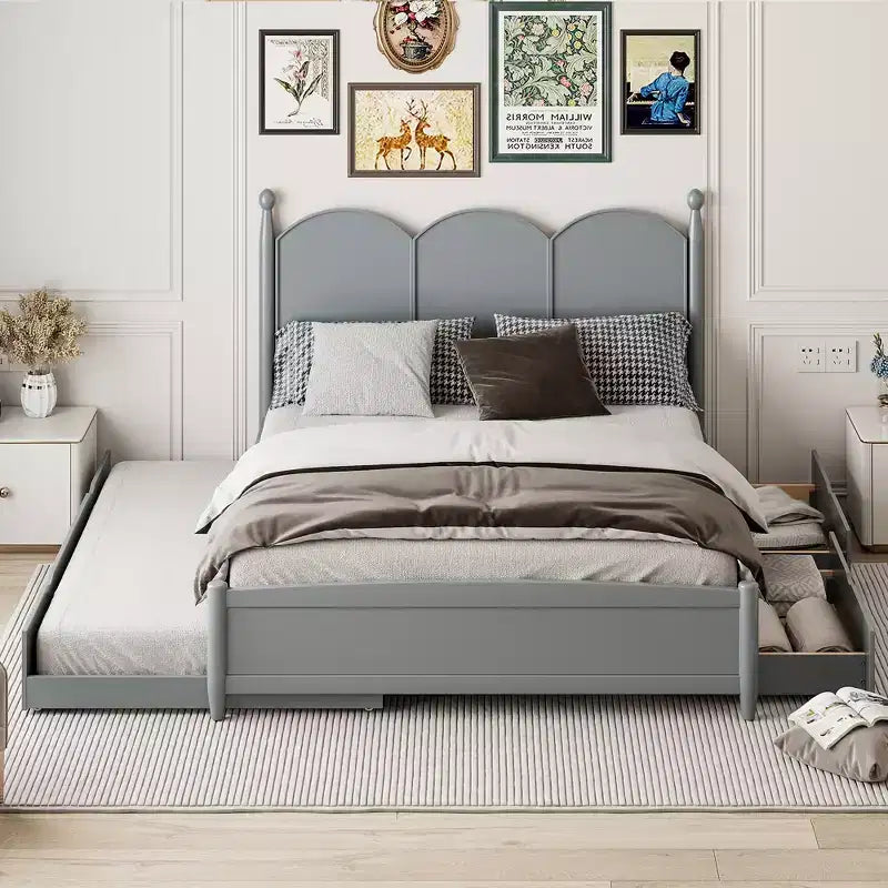 Letto a piattaforma Queen grigio/noce/bianco con letto estraibile Twin XL e 2 cassetti portaoggetti, adatto per 1-2 persone