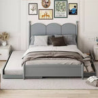 Letto a piattaforma Queen grigio/noce/bianco con letto estraibile Twin XL e 2 cassetti portaoggetti, adatto per 1-2 persone