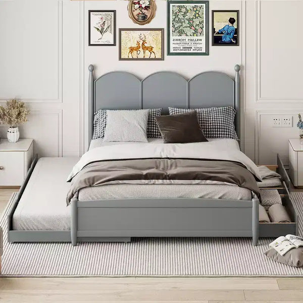 Letto a piattaforma Queen grigio/noce/bianco con letto estraibile Twin XL e 2 cassetti portaoggetti, adatto per 1-2 persone