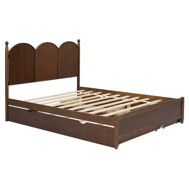 Letto a piattaforma Queen grigio/noce/bianco con letto estraibile Twin XL e 2 cassetti portaoggetti, adatto per 1-2 persone