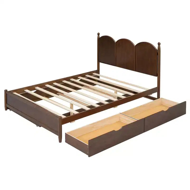 Letto a piattaforma Queen grigio/noce/bianco con letto estraibile Twin XL e 2 cassetti portaoggetti, adatto per 1-2 persone