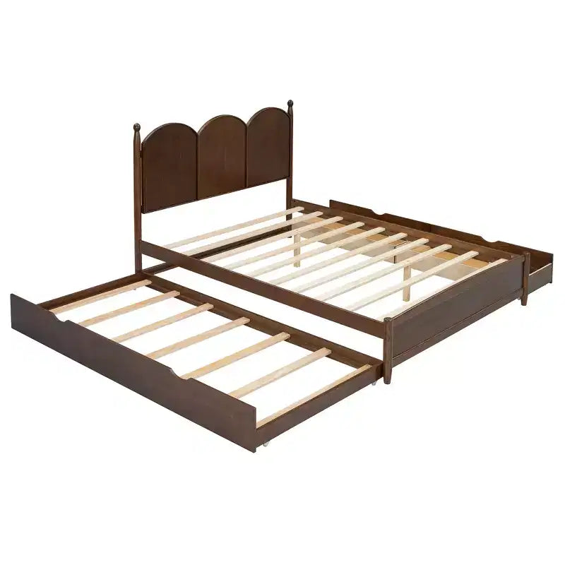 Letto a piattaforma Queen grigio/noce/bianco con letto estraibile Twin XL e 2 cassetti portaoggetti, adatto per 1-2 persone