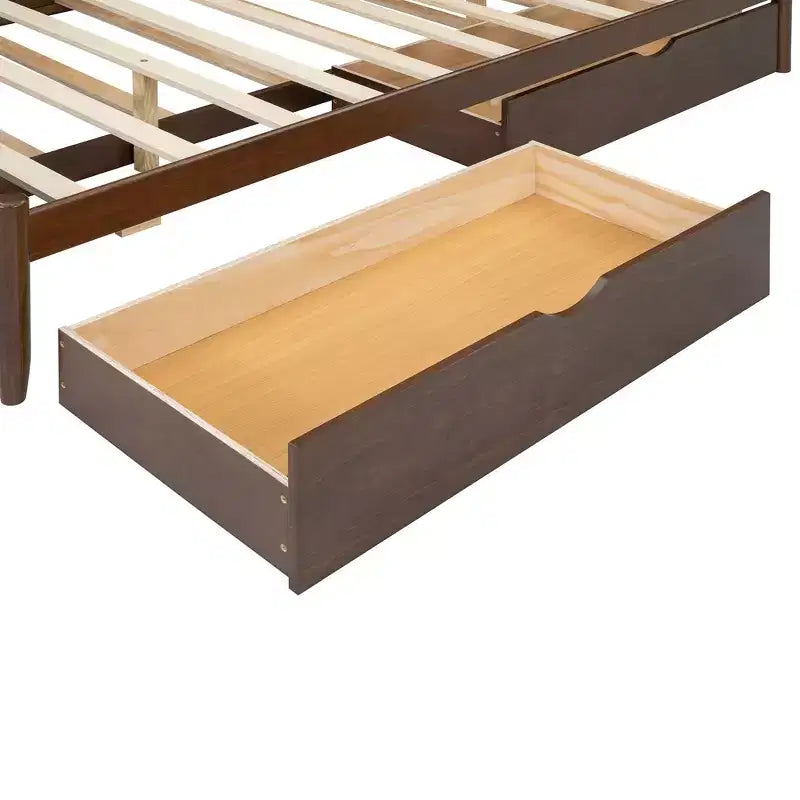 Letto a piattaforma Queen grigio/noce/bianco con letto estraibile Twin XL e 2 cassetti portaoggetti, adatto per 1-2 persone