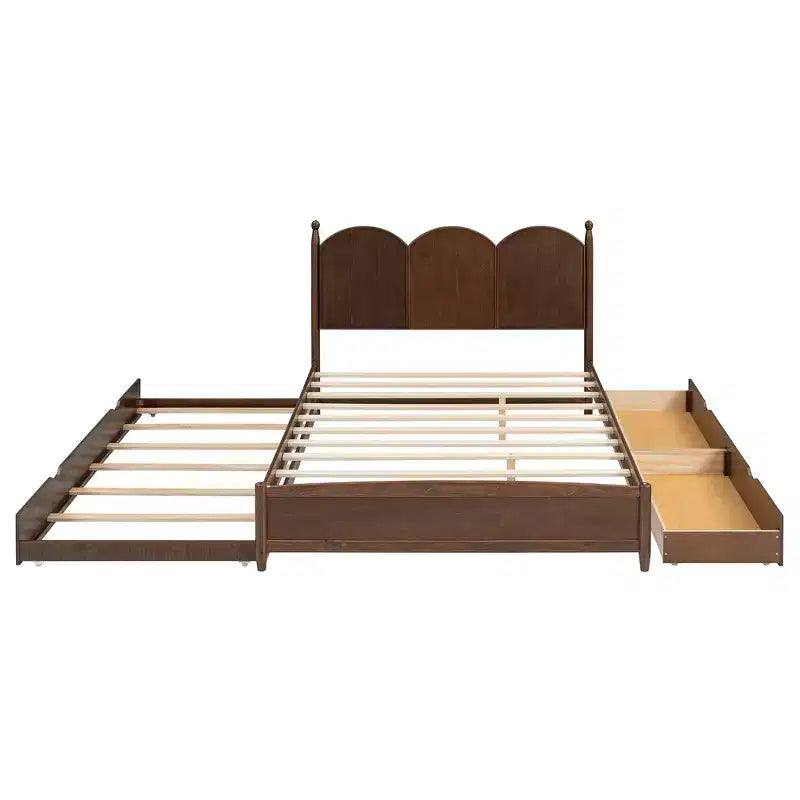 Letto a piattaforma Queen grigio/noce/bianco con letto estraibile Twin XL e 2 cassetti portaoggetti, adatto per 1-2 persone