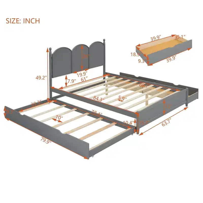 Letto a piattaforma Queen grigio/noce/bianco con letto estraibile Twin XL e 2 cassetti portaoggetti, adatto per 1-2 persone