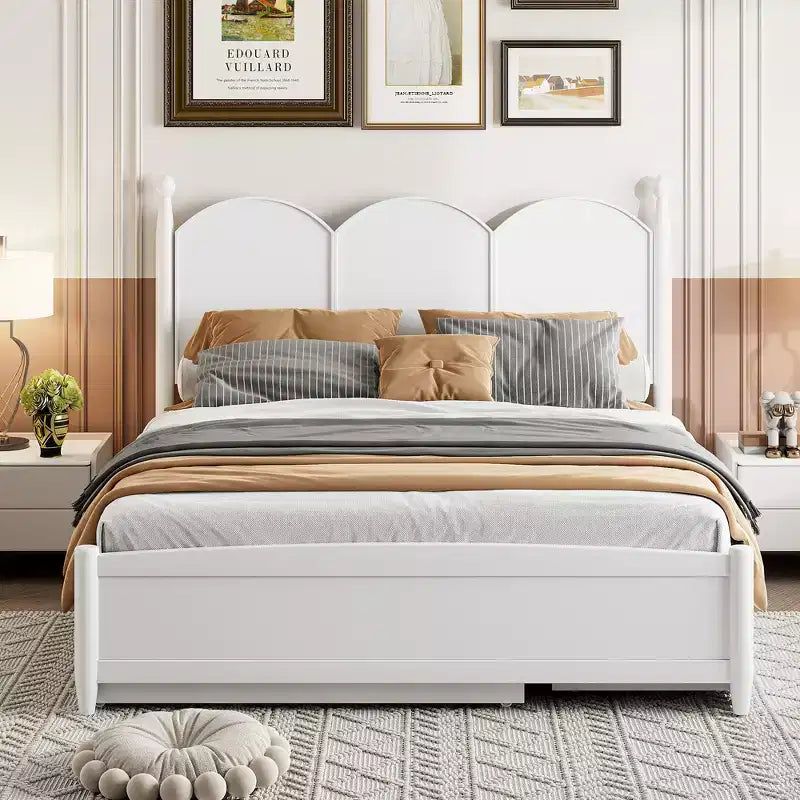 Letto a piattaforma Queen grigio/noce/bianco con letto estraibile Twin XL e 2 cassetti portaoggetti, adatto per 1-2 persone