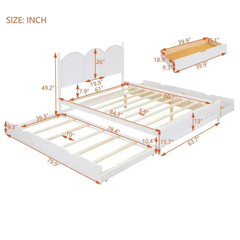 Letto a piattaforma Queen grigio/noce/bianco con letto estraibile Twin XL e 2 cassetti portaoggetti, adatto per 1-2 persone