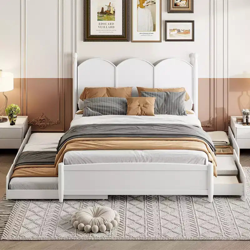 Letto a piattaforma Queen grigio/noce/bianco con letto estraibile Twin XL e 2 cassetti portaoggetti, adatto per 1-2 persone