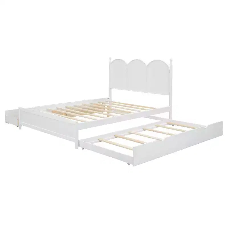 Letto a piattaforma Queen grigio/noce/bianco con letto estraibile Twin XL e 2 cassetti portaoggetti, adatto per 1-2 persone