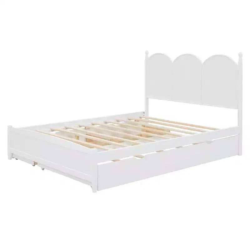 Letto a piattaforma Queen grigio/noce/bianco con letto estraibile Twin XL e 2 cassetti portaoggetti, adatto per 1-2 persone