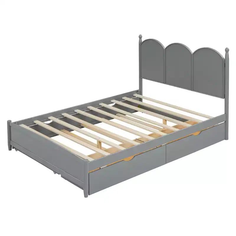 Letto a piattaforma Queen grigio/noce/bianco con letto estraibile Twin XL e 2 cassetti portaoggetti, adatto per 1-2 persone