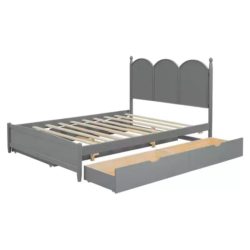 Letto a piattaforma Queen grigio/noce/bianco con letto estraibile Twin XL e 2 cassetti portaoggetti, adatto per 1-2 persone