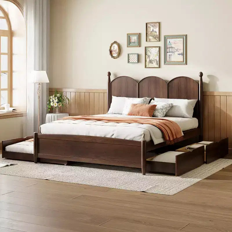 Letto a piattaforma Queen grigio/noce/bianco con letto estraibile Twin XL e 2 cassetti portaoggetti, adatto per 1-2 persone