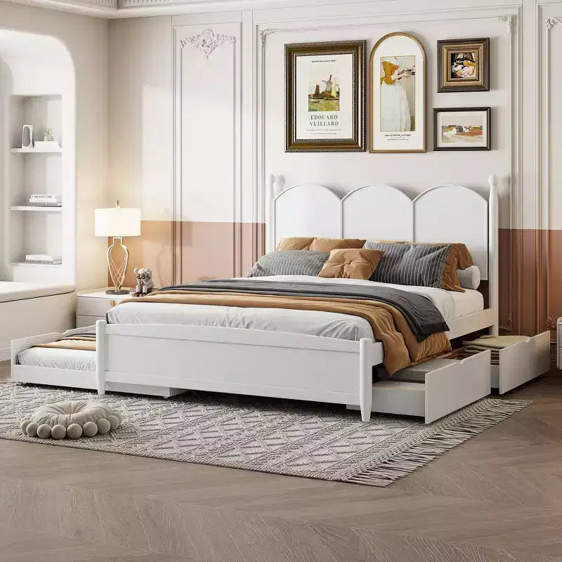 Letto a piattaforma Queen grigio/noce/bianco con letto estraibile Twin XL e 2 cassetti portaoggetti, adatto per 1-2 persone