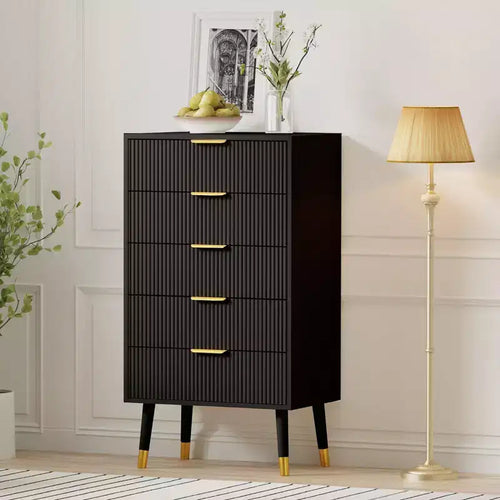 Bedroom five-drawer storage cabinet with metal handles and metal legs, suitable for bedroom, living room, corridor, entryway