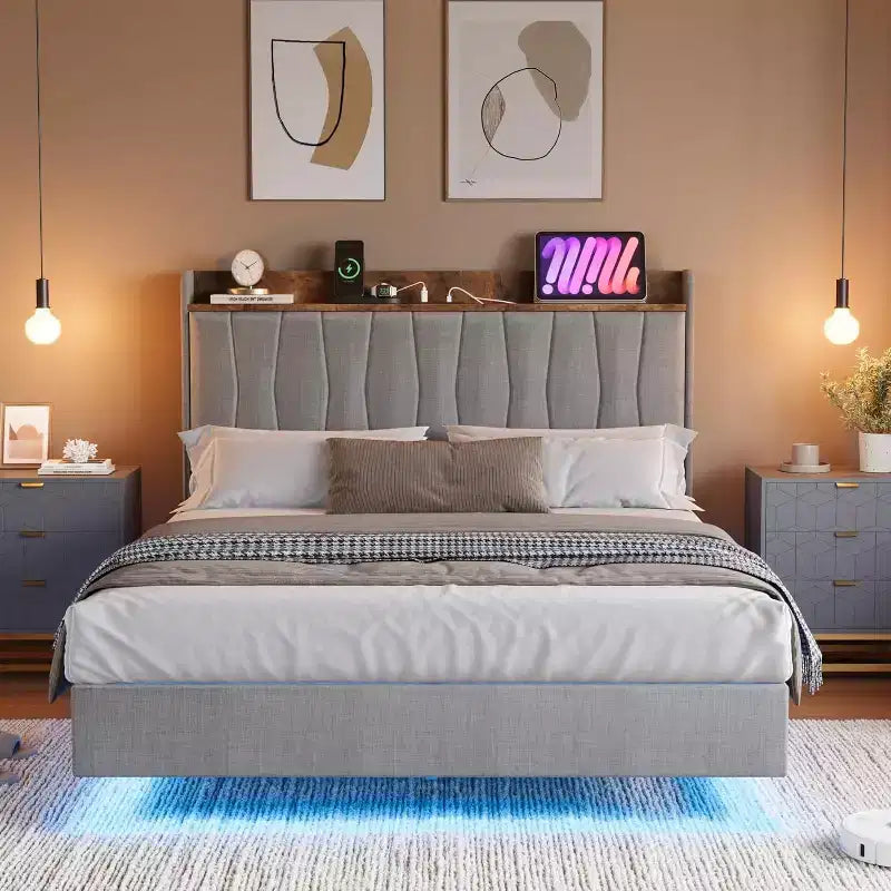 Giroletto sospeso con LED e testiera di ricarica – Nero / Grigio / Bianco sporco / Beige | Matrimoniale / Queen / King | Per 1-2 adulti