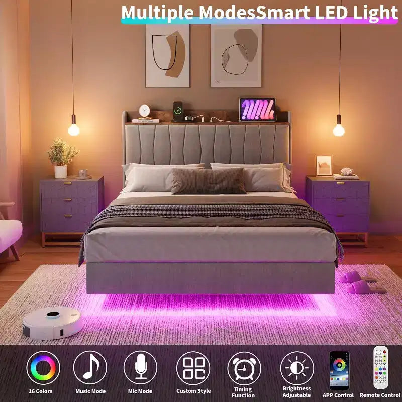 Giroletto sospeso con LED e testiera di ricarica – Nero / Grigio / Bianco sporco / Beige | Matrimoniale / Queen / King | Per 1-2 adulti