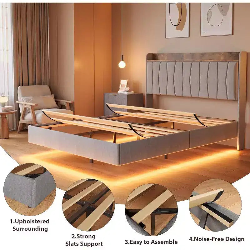 Giroletto sospeso con LED e testiera di ricarica – Nero / Grigio / Bianco sporco / Beige | Matrimoniale / Queen / King | Per 1-2 adulti
