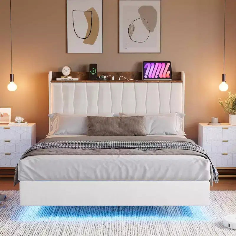 Giroletto sospeso con LED e testiera di ricarica – Nero / Grigio / Bianco sporco / Beige | Matrimoniale / Queen / King | Per 1-2 adulti