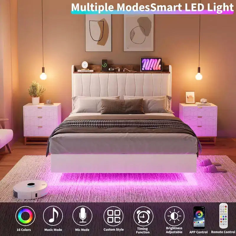 Giroletto sospeso con LED e testiera di ricarica – Nero / Grigio / Bianco sporco / Beige | Matrimoniale / Queen / King | Per 1-2 adulti