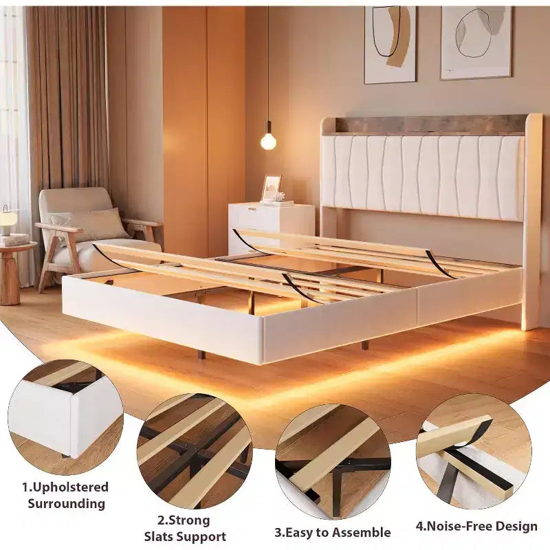 Giroletto sospeso con LED e testiera di ricarica – Nero / Grigio / Bianco sporco / Beige | Matrimoniale / Queen / King | Per 1-2 adulti